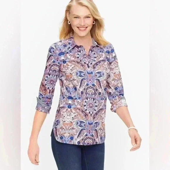Talbots XLP Classic Cotton Shirt Royal Palm Paisley Orange Blue Button Down Up - Picture 1 of 8